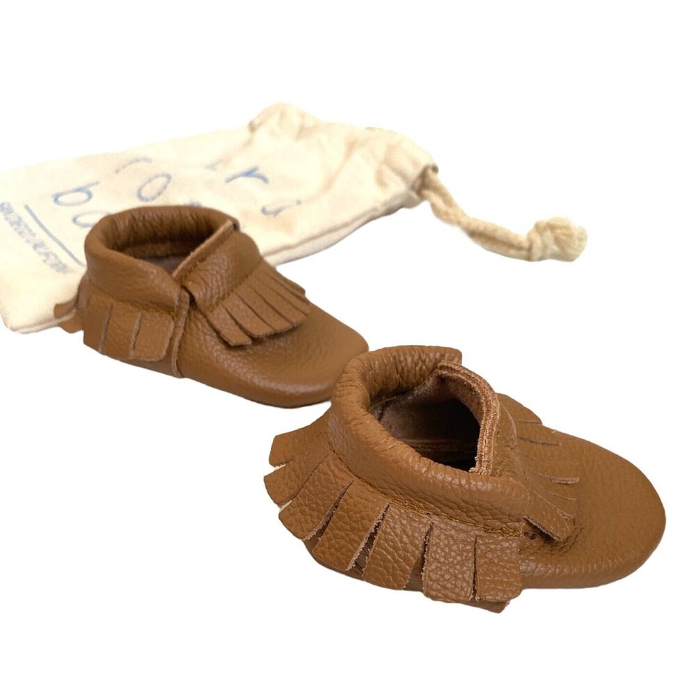 BIRD ROCK BABY Brown Leather Moccasins Infant Size 2 US w. Bag Unisex Shoes NEW - Picture 3 of 9